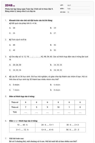 Phiếu bài tập hàng ngày Toán lớp 3 Kết nối tri thức Bài 9. Bảng nhân 6, bảng chia 6 có đáp án