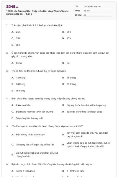 1000+ câu Trắc nghiệm Nhập môn lâm sàng Phục hồi chức năng có đáp án - Phần 2