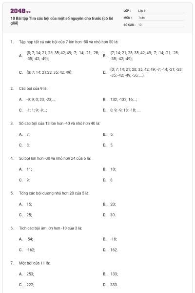10 Bài tập Tìm các bội của một số nguyên cho trước (có lời giải)