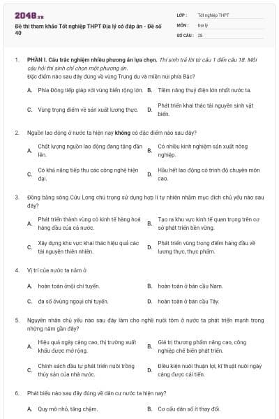 Đề thi tham khảo Tốt nghiệp THPT Địa lý có đáp án - Đề số 40