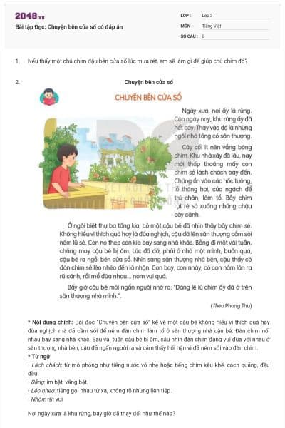 Bài tập Đọc: Chuyện bên cửa sổ có đáp án
