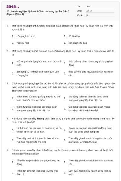 23 câu trắc nghiệm Lịch sử 9 Chân trời sáng tạo Bài 24 có đáp án (Phần 5)