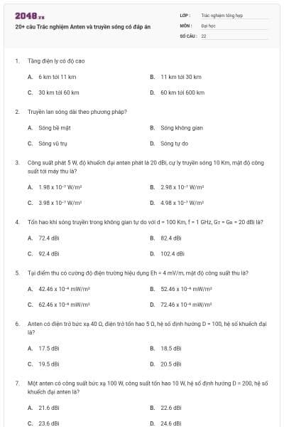20+ câu Trắc nghiệm Anten và truyền sóng có đáp án