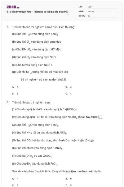 215 câu Lý thuyết Nito - Photpho có lời giải chi tiết (P7)
