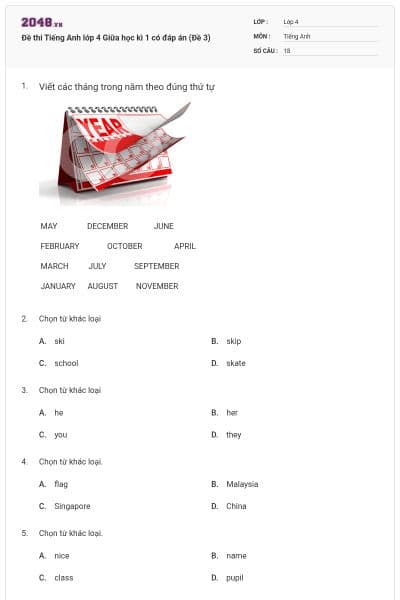 Đề thi Tiếng Anh lớp 4 Giữa học kì 1 có đáp án (Đề 3)