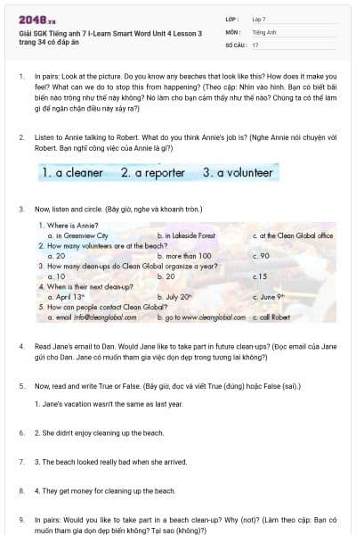 Giải SGK Tiếng anh 7 I-Learn Smart Word Unit 4 Lesson 3 trang 34 có đáp án