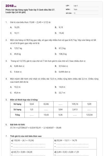 Phiếu bài tập hàng ngày Toán lớp 5 Cánh diều Bài 27. Luyện tập (có lời giải)