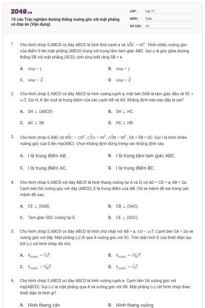 10 câu Trắc nghiệm Đường thẳng vuông góc với mặt phẳng có đáp án (Vận dụng)
