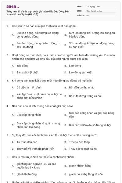 Tổng hợp 11 đề thi thpt quốc gia môn Giáo Dục Công Dân Hay nhất có đáp án (Đề số 3)