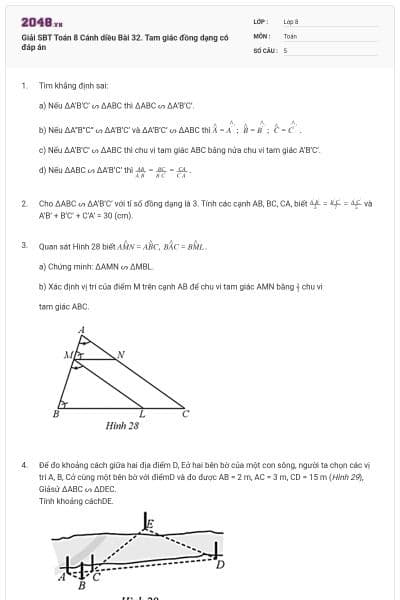 Giải SBT Toán 8 Cánh diều Bài 32. Tam giác đồng dạng có đáp án