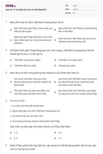 Lịch sử 11 (có đáp án) Lịch sử Việt Nam(P4)