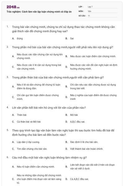 Trắc nghiệm: Cách làm văn lập luận chứng minh có đáp án