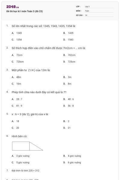Đề thi học kì I môn Toán 3 (đề 23)