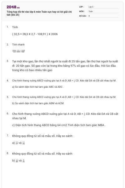Tổng hợp đề thi vào lớp 6 môn Toán cực hay có lời giải chi tiết (Đề 25)