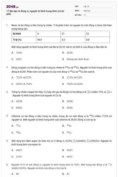 17 Bài tập về đồng vị, nguyên tử khối trung bình (có lời giải)
