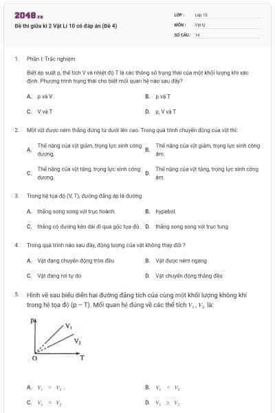 Đề thi giữa kì 2 Vật Lí 10 có đáp án (Đề 4)