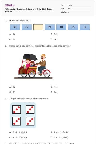 Trắc nghiệm Bảng nhân 3, bảng chia 3 lớp 3 (có đáp án - phần 1)