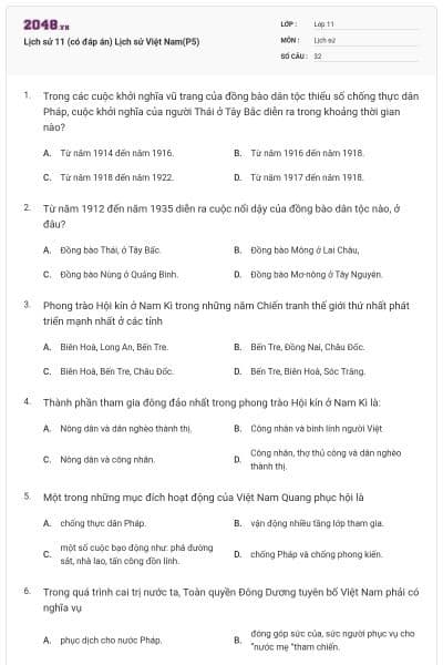 Lịch sử 11 (có đáp án) Lịch sử Việt Nam(P5)