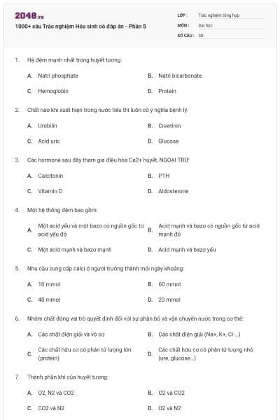 1000+ câu Trắc nghiệm Hóa sinh có đáp án - Phần 5
