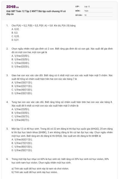 Giải SBT Toán 12 Tập 2 KNTT Bài tập cuối chương VI có đáp án