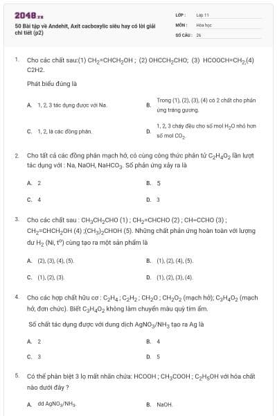 50 Bài tập về Andehit, Axit cacboxylic siêu hay có lời giải chi tiết (p2)