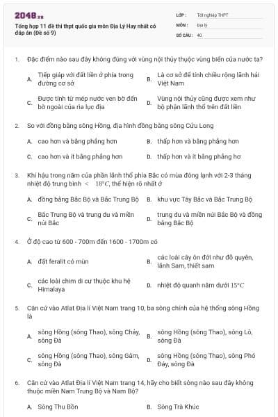 Tổng hợp 11 đề thi thpt quốc gia môn Địa Lý Hay nhất có đáp án (Đề số 9)
