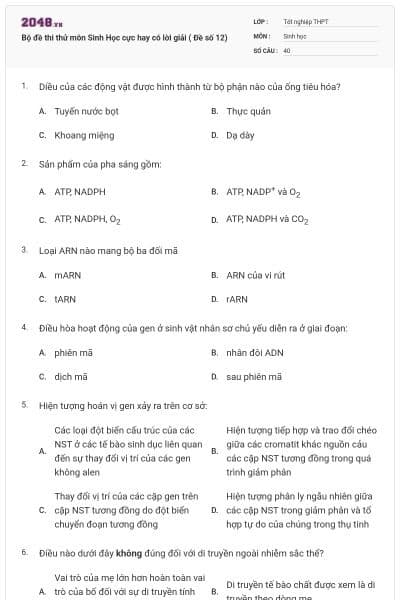 Bộ đề thi thử môn Sinh Học cực hay có lời giải ( Đề số 12)
