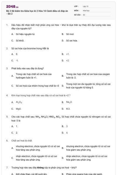 Bộ 2 Đề kiểm tra Giữa học kì 2 Hóa 10 Cánh diều có đáp án - Đề 2