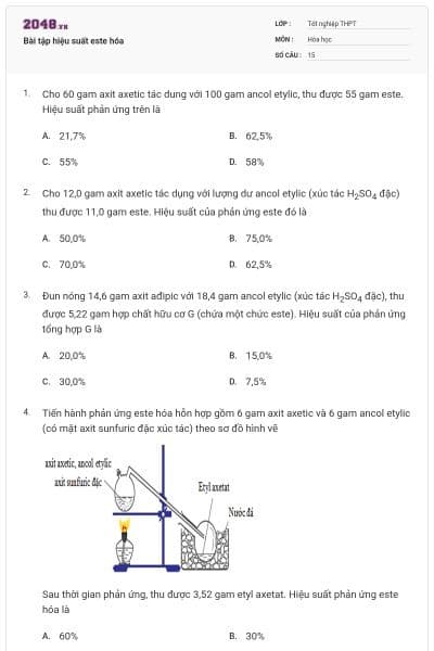 Bài tập hiệu suất este hóa