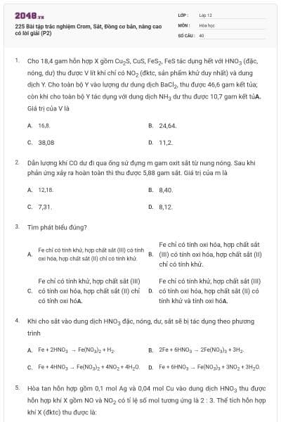 225 Bài tập trắc nghiệm Crom, Sắt, Đồng cơ bản, nâng cao có lời giải (P2)