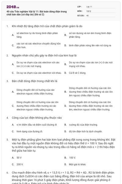 40 câu Trắc nghiệm Vật lý 11: Bài toán dòng điện trong chất bán dẫn (có đáp án) (Đề số 2)