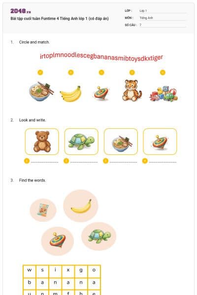 Bài tập cuối tuần Funtime 4 Tiếng Anh lớp 1 (có đáp án)
