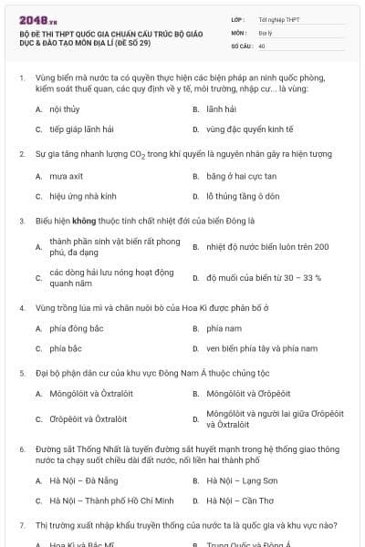 BỘ ĐỀ THI THPT QUỐC GIA CHUẨN CẤU TRÚC BỘ GIÁO DỤC & ĐÀO TẠO MÔN ĐỊA LÍ (ĐỀ SỐ 29)