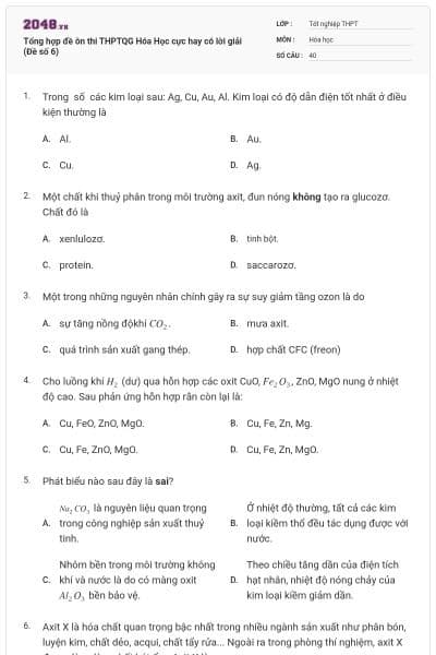 Tổng hợp đề ôn thi THPTQG Hóa Học cực hay có lời giải (Đề số 6)