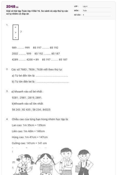 Giải vở bài tập Toán lớp 4 Bài 16. So sánh và xếp thứ tự các số tự nhiên có đáp án