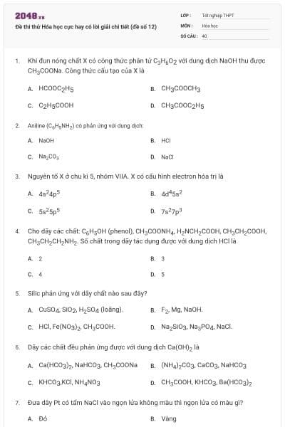 Đề thi thử Hóa học cực hay có lời giải chi tiết (đề số 12)