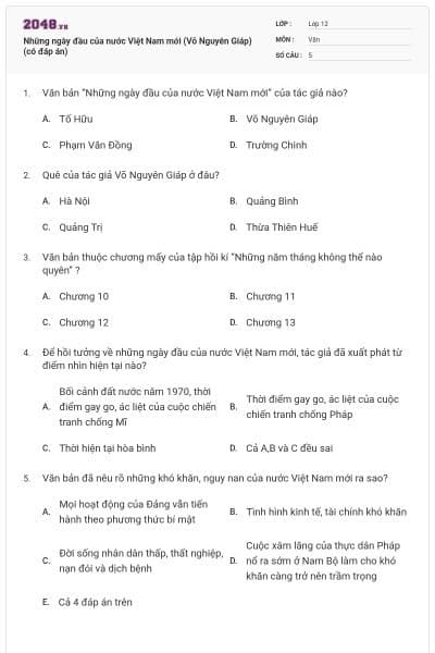 Những ngày đầu của nước Việt Nam mới (Võ Nguyên Giáp) (có đáp án)