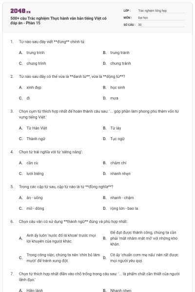 500+ câu Trắc nghiệm Thực hành văn bản tiếng Việt có đáp án - Phần 15