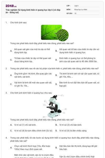 Trắc nghiệm Sử dụng kính hiển vi quang học lớp 6 (có đáp án - Đúng sai)