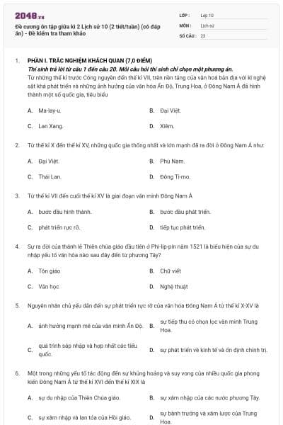 Đề cương ôn tập giữa kì 2 Lịch sử 10 (2 tiết/tuần) (có đáp án) - Đề kiểm tra tham khảo
