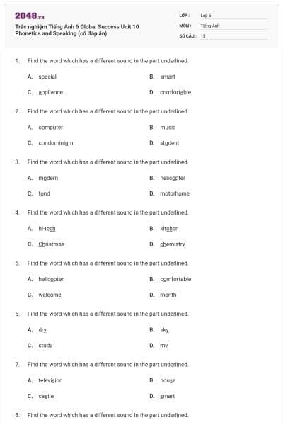 Trắc nghiệm Tiếng Anh 6 Global Success Unit 10 Phonetics and Speaking (có đáp án)
