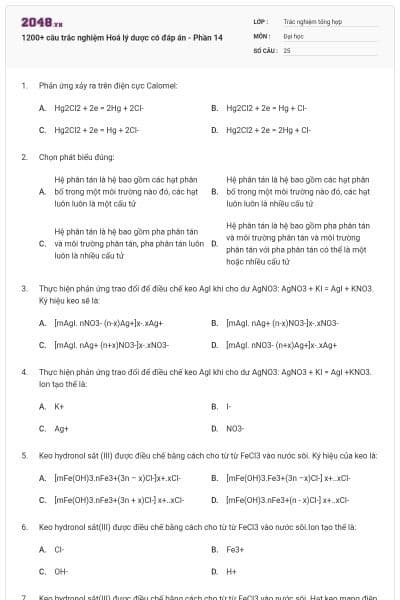 1200+ câu trắc nghiệm Hoá lý dược có đáp án - Phần 14