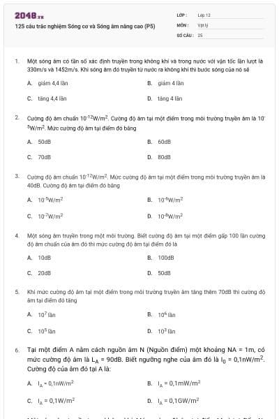 125 câu trắc nghiệm Sóng cơ và Sóng âm nâng cao (P5)