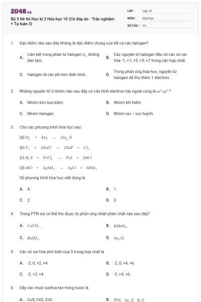 Bộ 5  Đề thi Học kì 2 Hóa học 10 (Có đáp án - Trắc nghiệm + Tự luận 3)