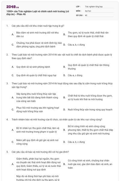 1000+ câu Trắc nghiệm Luật và chính sách môi trường (có đáp án) - Phần 46