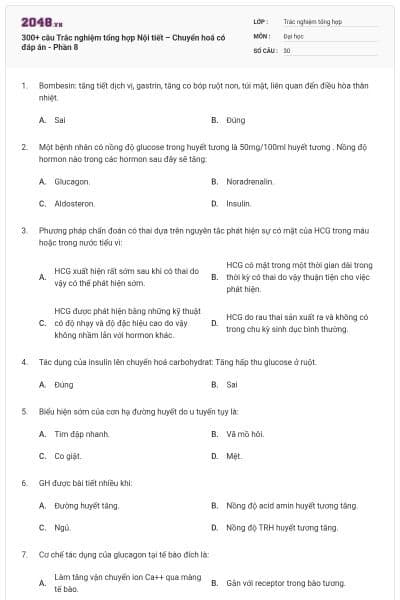 300+ câu Trắc nghiệm tổng hợp Nội tiết – Chuyển hoá có đáp án - Phần 8