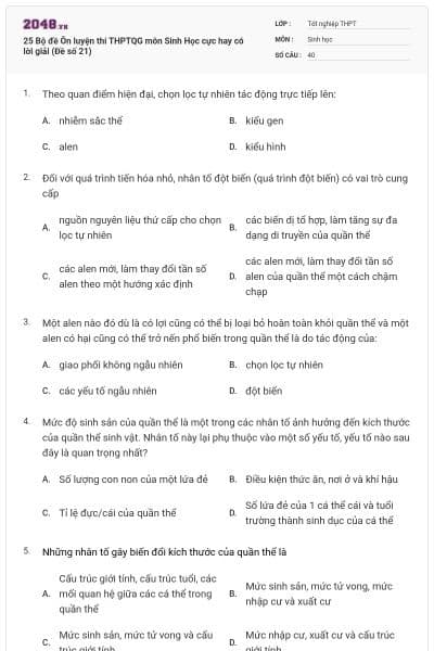 25 Bộ đề Ôn luyện thi THPTQG môn Sinh Học cực hay có lời giải (Đề số 21)