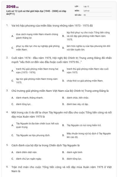 Lịch sử 12 Lịch sử thế giới hiện đại (1945 - 2000) có đáp án(P11)