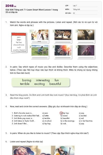 Giải SGK Tiếng anh 7 I-Learn Smart Word Lesson 1 trang 20 có đáp án