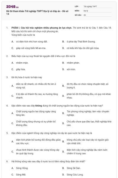 Đề thi tham khảo Tốt nghiệp THPT Địa lý có đáp án - Đề số 14